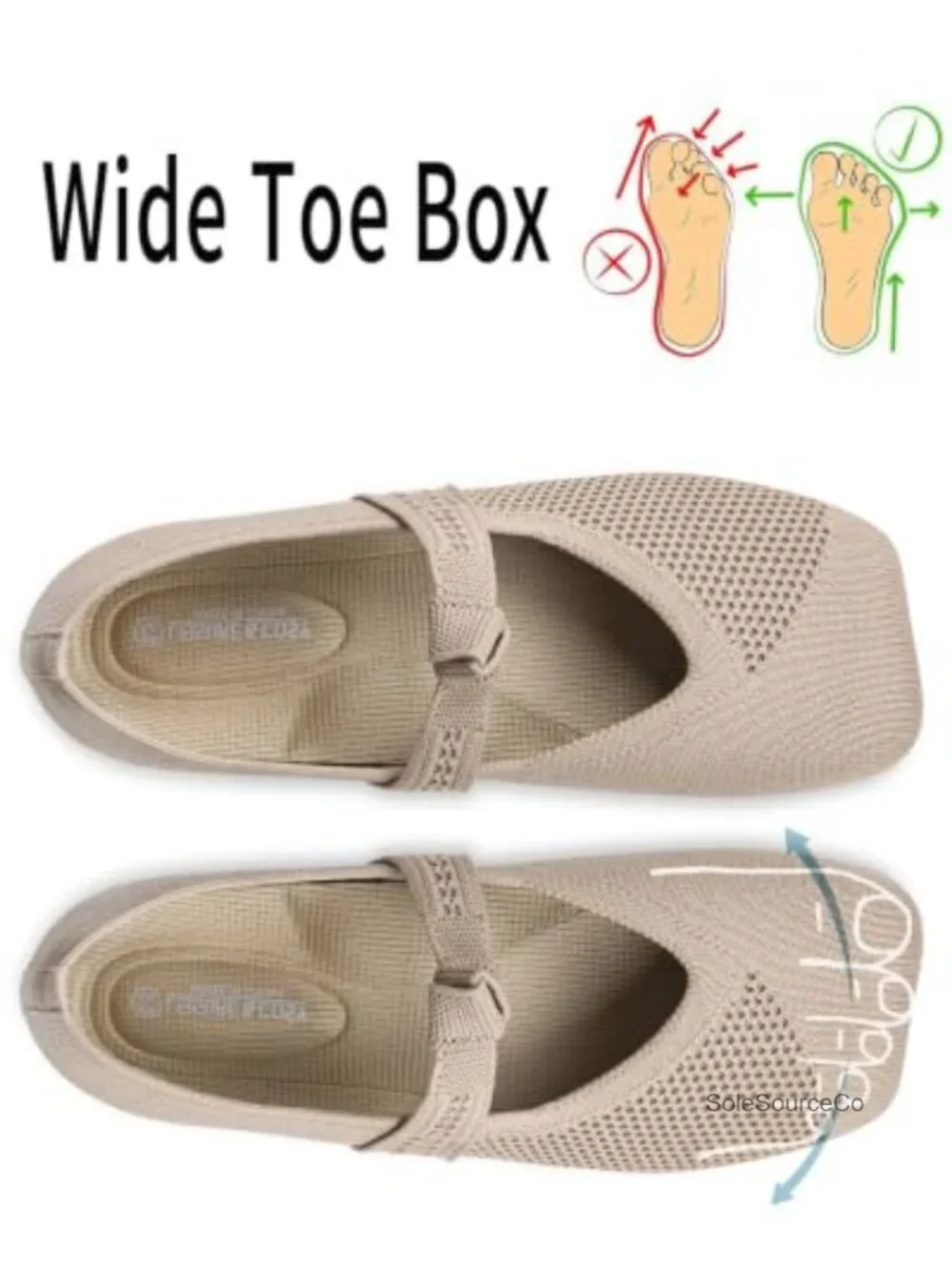 Women's Wide Toe Knit Ballet Flats Mary Jane Pull-On Everyday Shoes